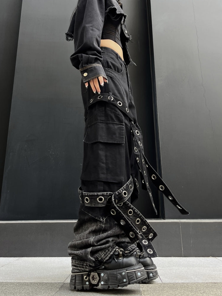 American Punk Heavy Industry Bandage Denim Dark Female Hip Hop Ribbon Deconstruct Parka Street Light Sub-Wide Leg Dark Style