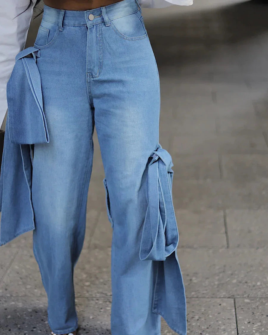Women High Waist Zipper Fly Wide Leg Straight String Denim Jeans Trousers