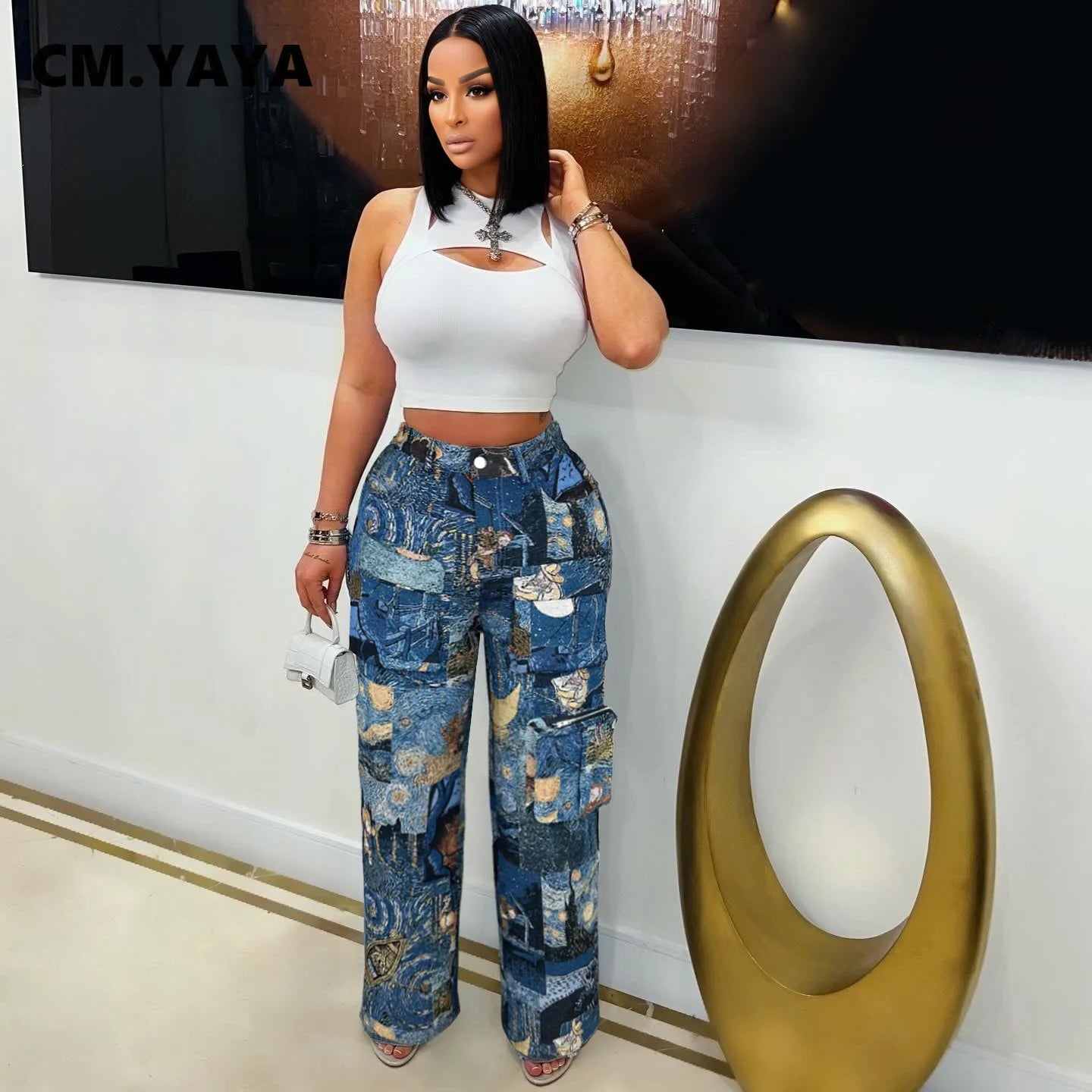 CM.YAYA Fashion Women Vintage 3D Print Wide Leg Jogger Pants 2025 Streetwear Cargo Active Hip Hop Straight Sweatpants Trousers