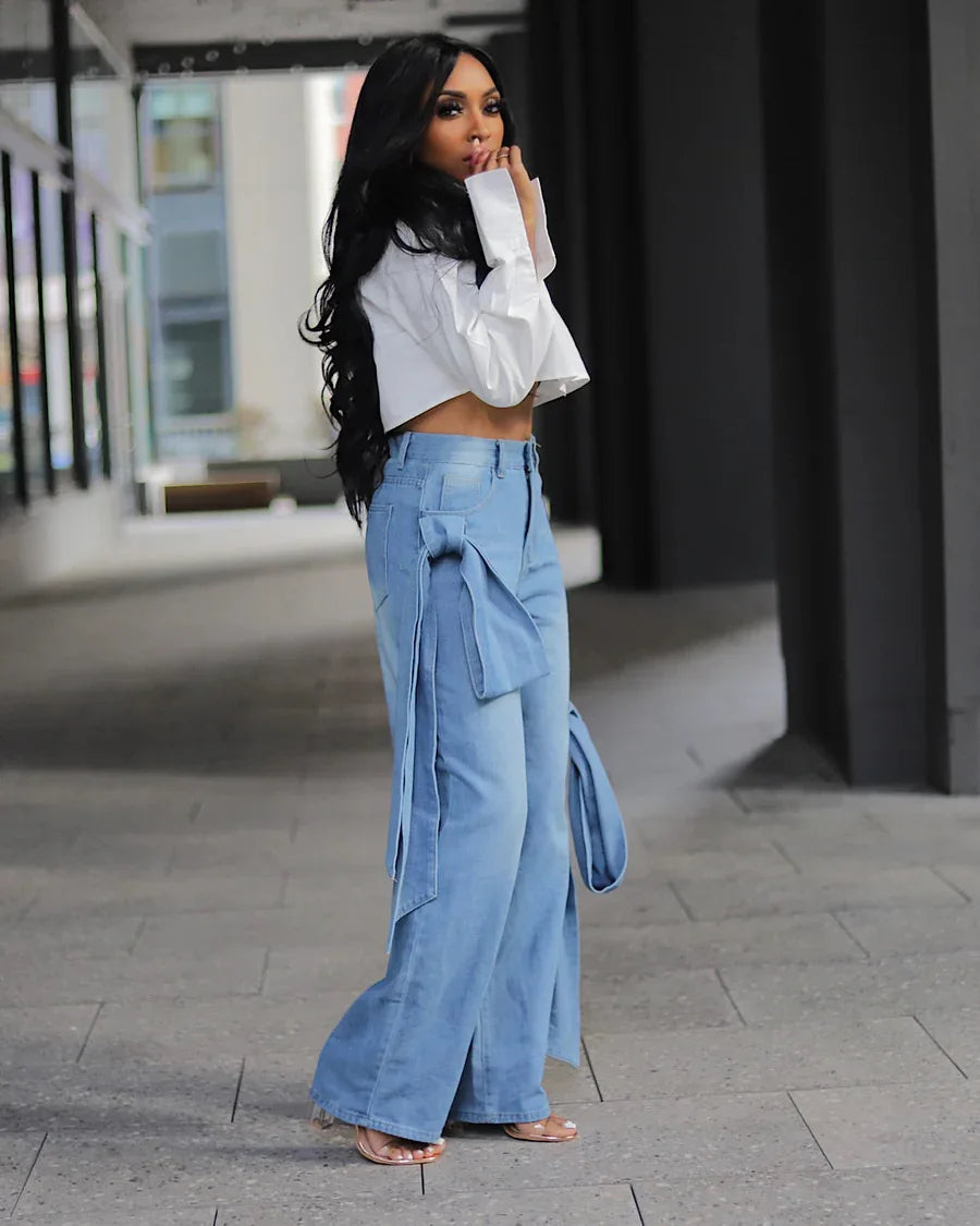 Women High Waist Zipper Fly Wide Leg Straight String Denim Jeans Trousers