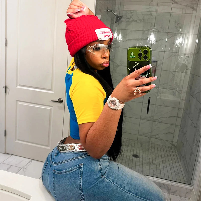 Women Letter Print Y2K Crop Tops o-Neck Patchwork Color Summer Trend Skinny Shorts Sleeve Casual Sporty Street Tops