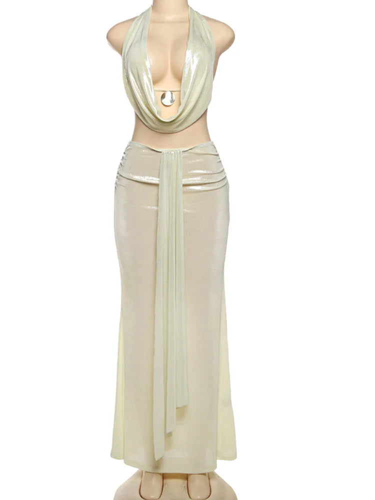 Beyprern Summer Shiny Drape Metallic Skirt Set Two-Piece Dress Holiday Outfits Womens Backless Long Straps Matching Set Clubwear