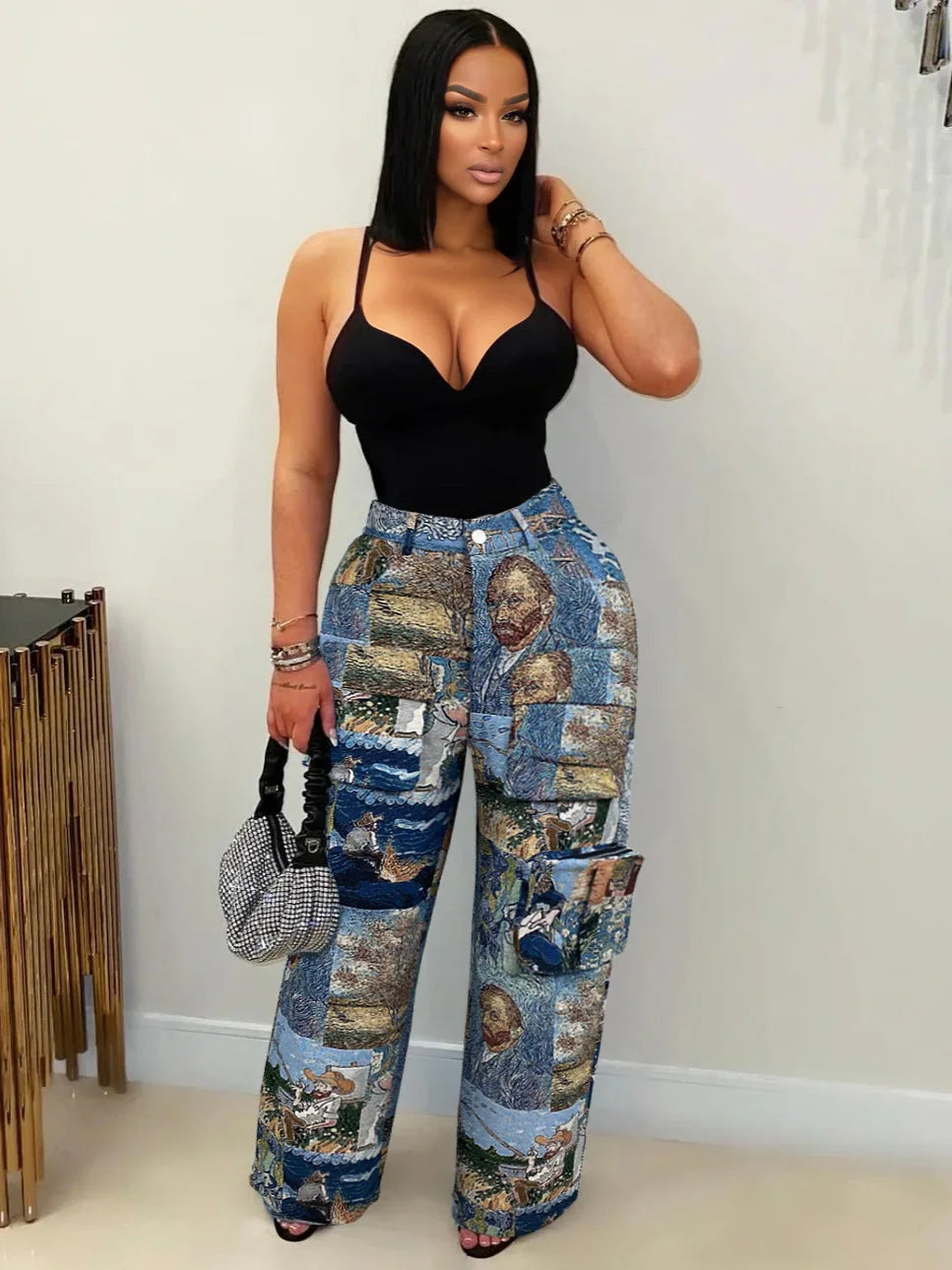 CM.YAYA Fashion Women Vintage 3D Print Wide Leg Jogger Pants 2025 Streetwear Cargo Active Hip Hop Straight Sweatpants Trousers