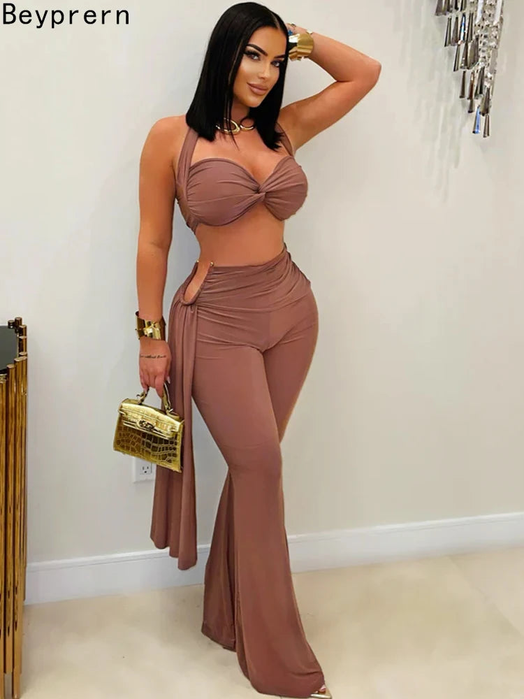 Beyprern New Chic Twist Front Crop Top And Long Straps Wide Legs Pants Set Womens Ruched Metal Tracksuits Set Night Out Overalls