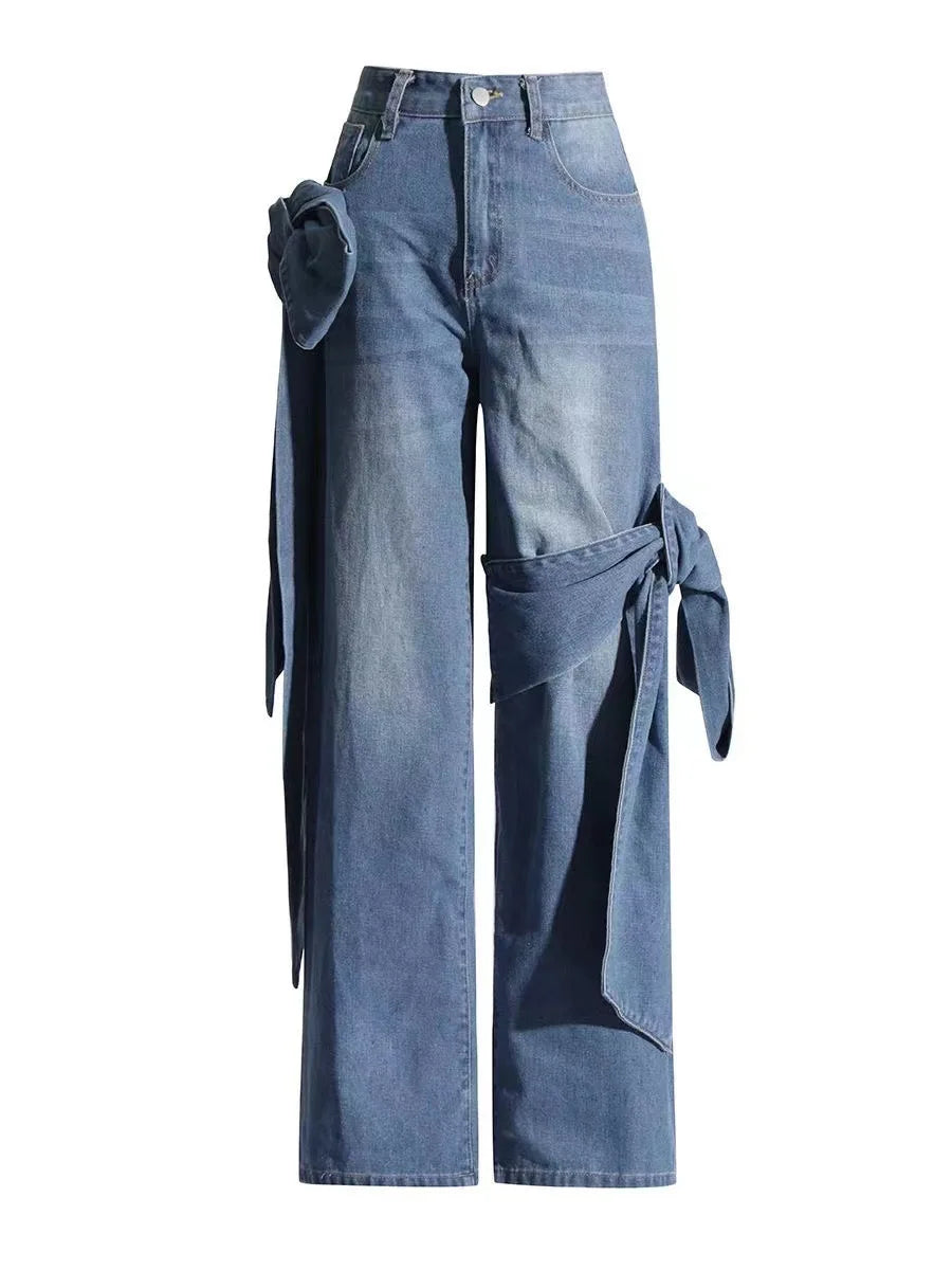 Women High Waist Zipper Fly Wide Leg Straight String Denim Jeans Trousers