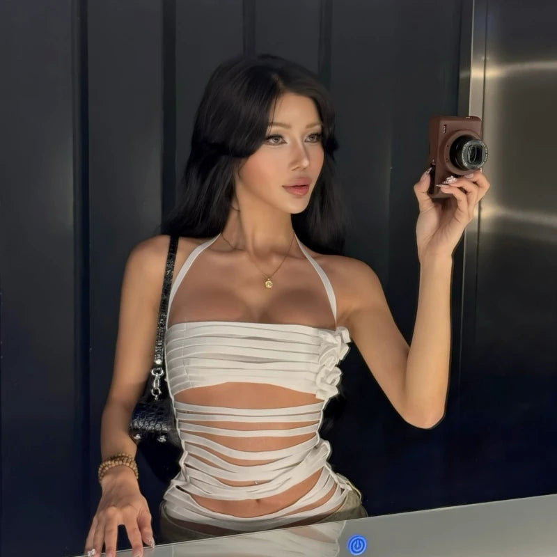 Candyhot Sexy Solid Halter Applique Bandage Chic Backless Casual Tank Top Y2K Spring Summer Daily Cute Fashion Streetwear Vest