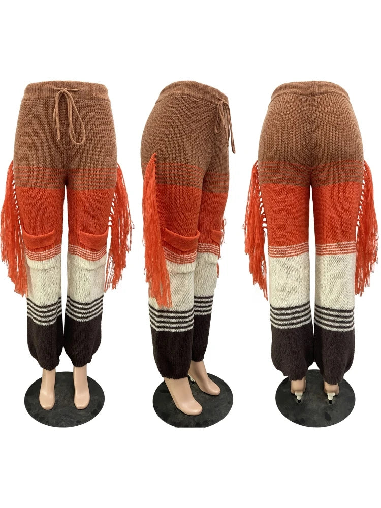Knitted Pants For Women Wide Leg High Waisted Trousers Casual Office Ladies Thicken Warm Tassels Pants 2023 Autumn Winter