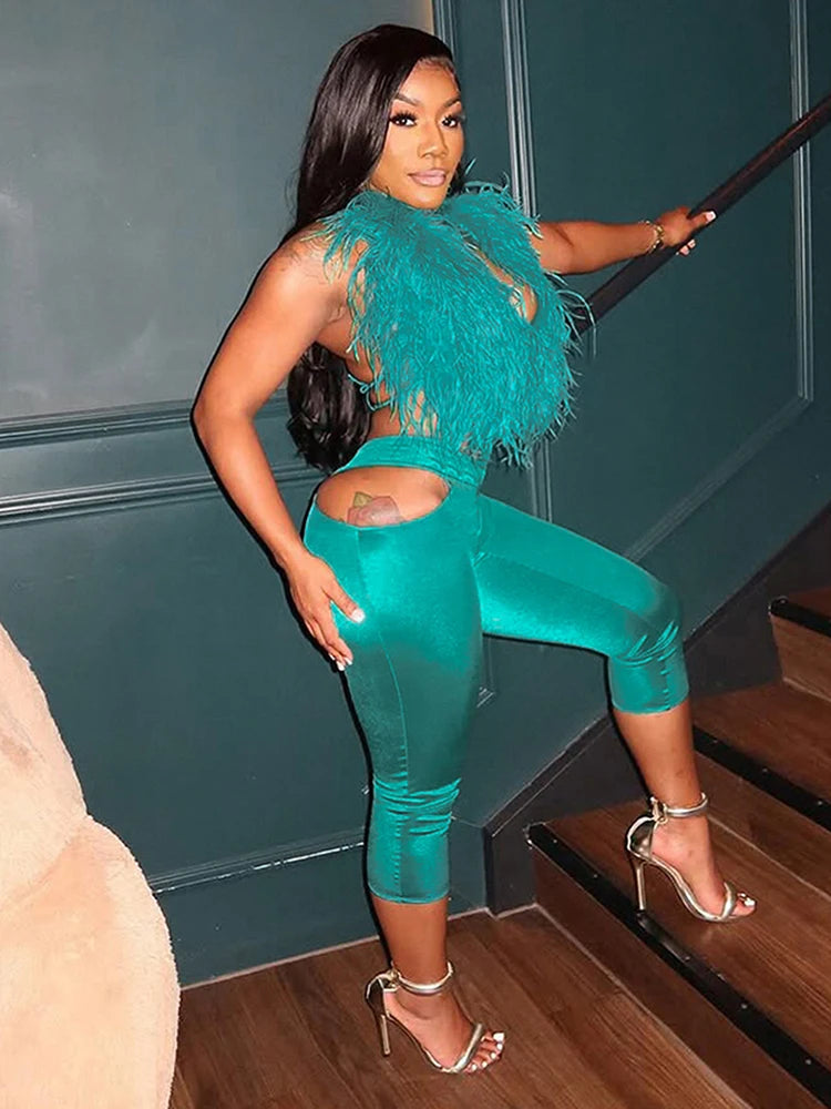 Weird Puss Furry Sexy 2 Piece Set Women Tracksuit Backless Tank Tops+High Waist Hollow Bike Shorts Nightclub Matching Outfits