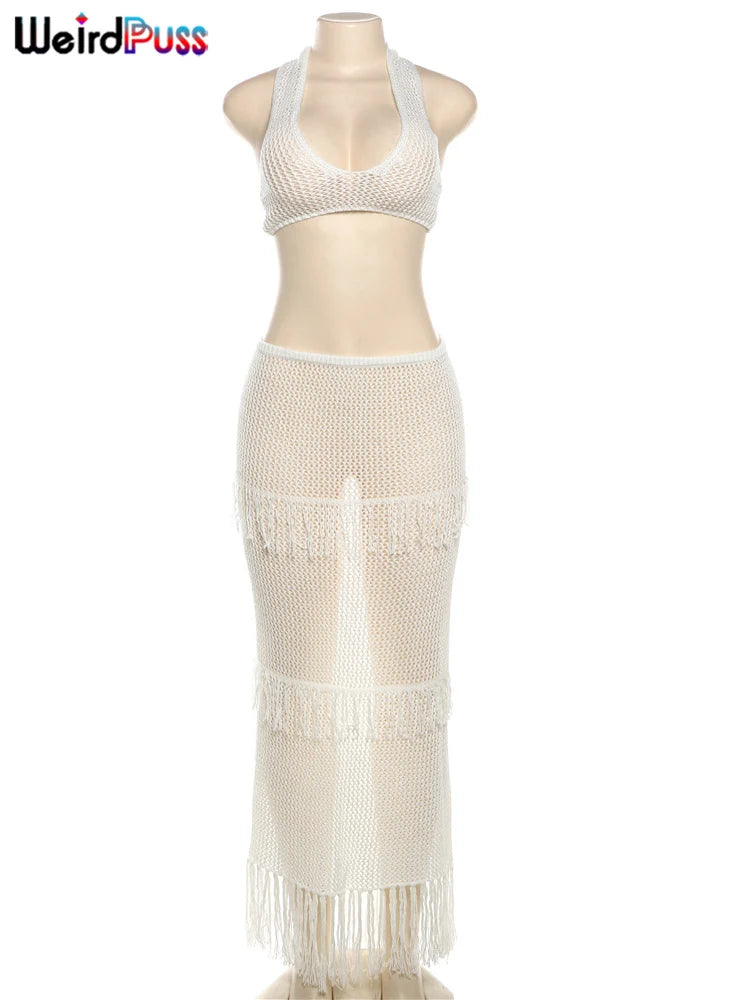 Weird Puss Beach Vacation 2 Piece Set Knit Women Y2K See Through Halter Low-Neck Tank Top+Tassel Multilayer Skirts Sexy Clubwear