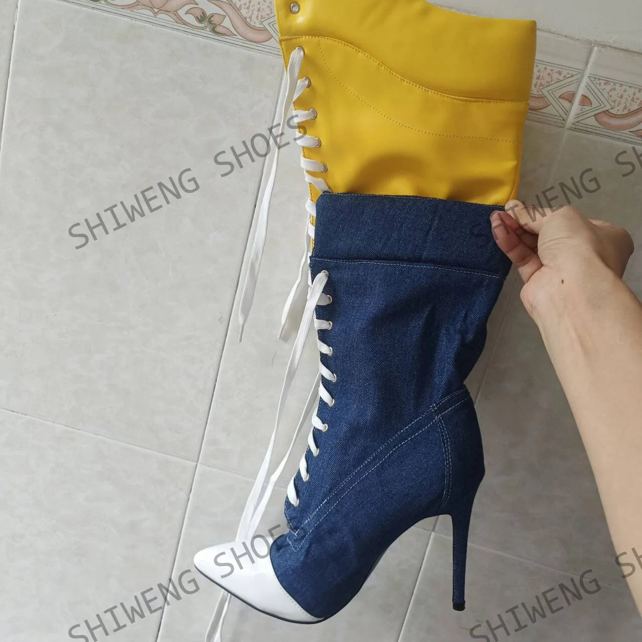 Cross Tied Patchwork Knee-High Boots Pointed Thin Heels Zipper Closure Sexy Runway Show Modern Booties Spicy Girl Newest 44