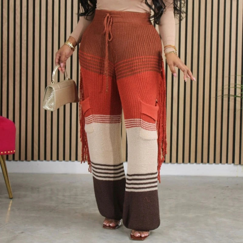 Knitted Pants For Women Wide Leg High Waisted Trousers Casual Office Ladies Thicken Warm Tassels Pants 2023 Autumn Winter