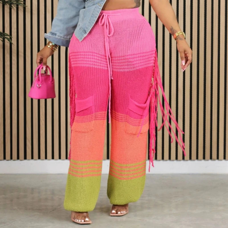 Knitted Pants For Women Wide Leg High Waisted Trousers Casual Office Ladies Thicken Warm Tassels Pants 2023 Autumn Winter