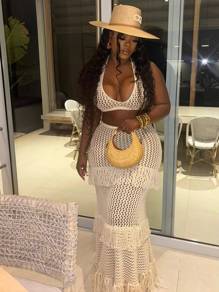 Weird Puss Beach Vacation 2 Piece Set Knit Women Y2K See Through Halter Low-Neck Tank Top+Tassel Multilayer Skirts Sexy Clubwear