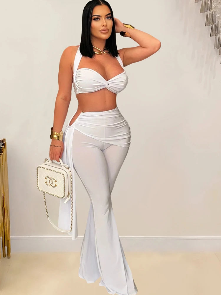 Beyprern New Chic Twist Front Crop Top And Long Straps Wide Legs Pants Set Womens Ruched Metal Tracksuits Set Night Out Overalls