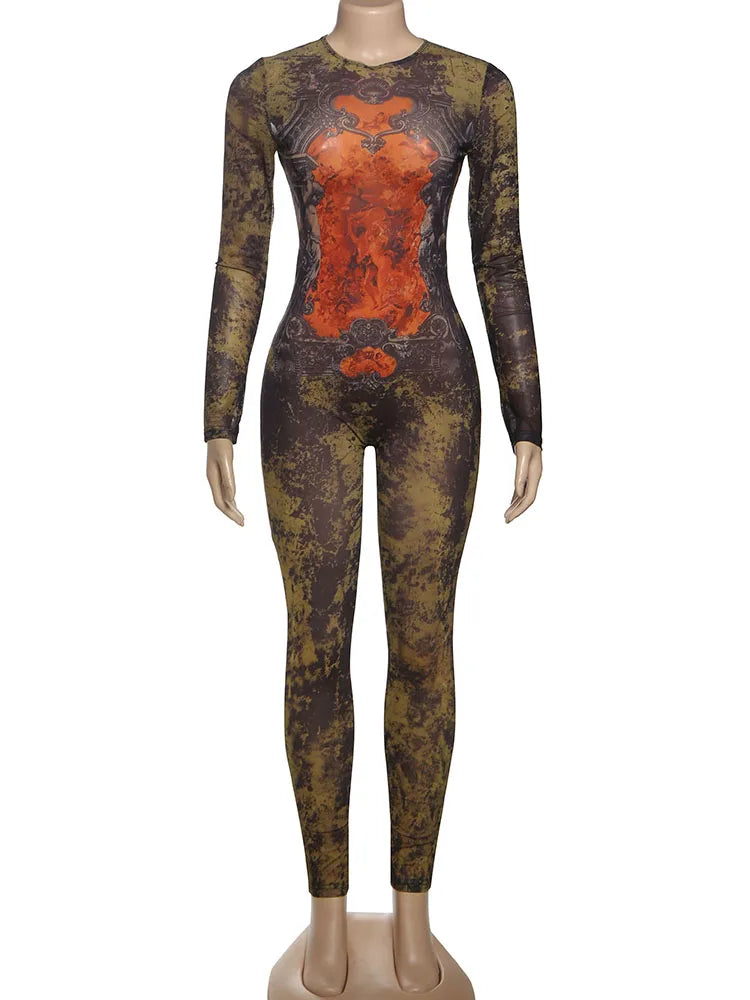 Weird Puss Tie-Dye Print Jumpsuit Women Fitness Stretch Tight Sexy o-Neck Full Sleeve Skinny Streetwear Autumn Zip Slim Overalls