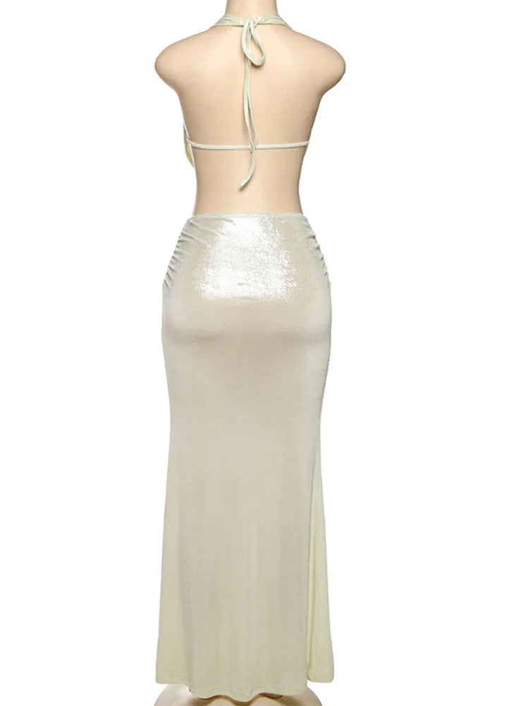 Beyprern Summer Shiny Drape Metallic Skirt Set Two-Piece Dress Holiday Outfits Womens Backless Long Straps Matching Set Clubwear