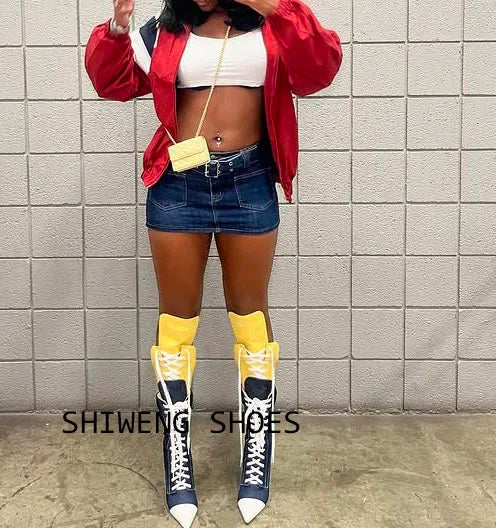 Cross Tied Patchwork Knee-High Boots Pointed Thin Heels Zipper Closure Sexy Runway Show Modern Booties Spicy Girl Newest 44