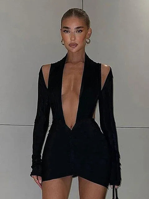 2025 New Deep V Neck Long Sleeve Mesh See Through Sexy Backless Mini Dress Women Club Party Elegant Ruched Dresses Clothes