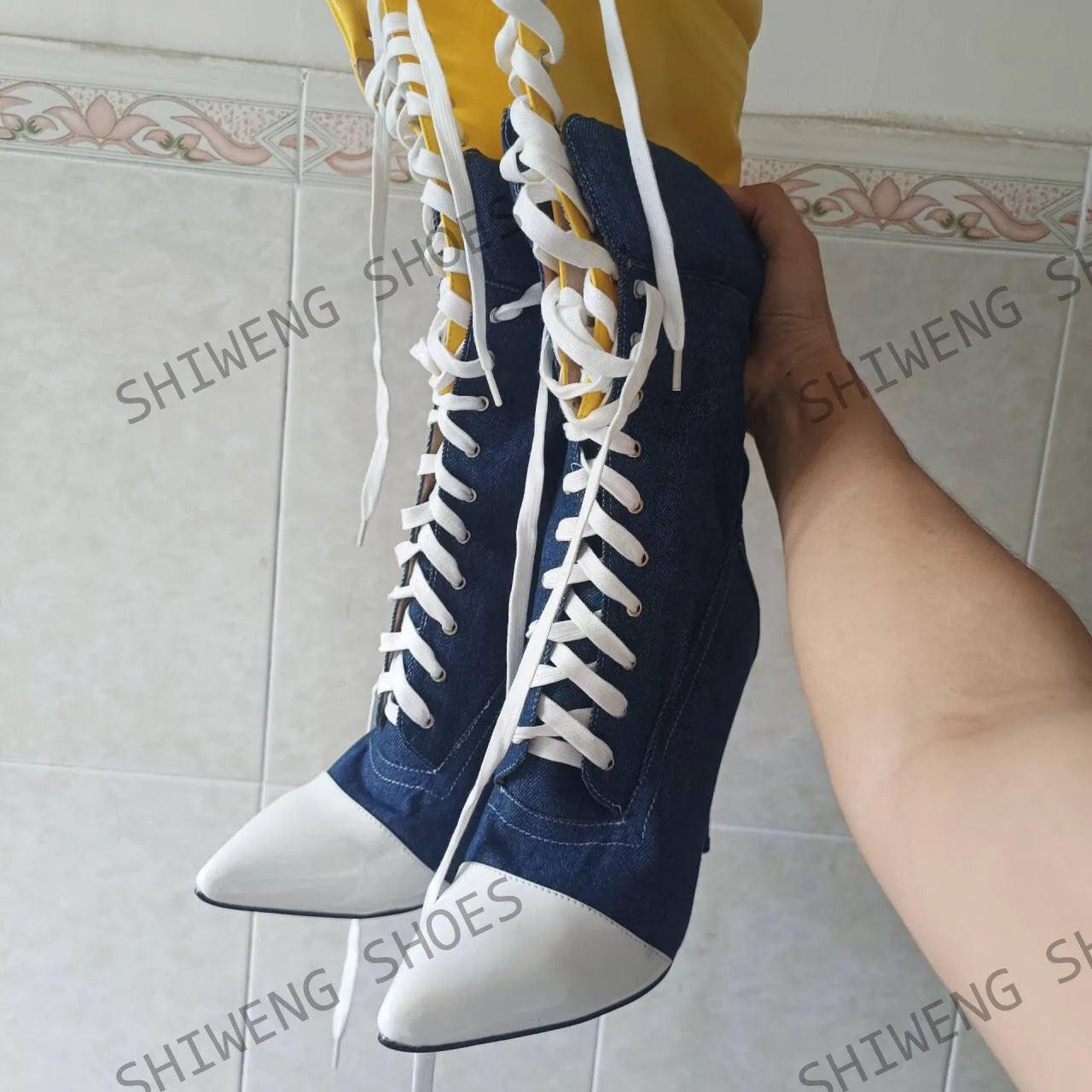 Cross Tied Patchwork Knee-High Boots Pointed Thin Heels Zipper Closure Sexy Runway Show Modern Booties Spicy Girl Newest 44