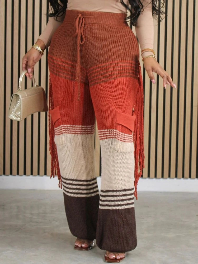 Knitted Pants For Women Wide Leg High Waisted Trousers Casual Office Ladies Thicken Warm Tassels Pants 2023 Autumn Winter