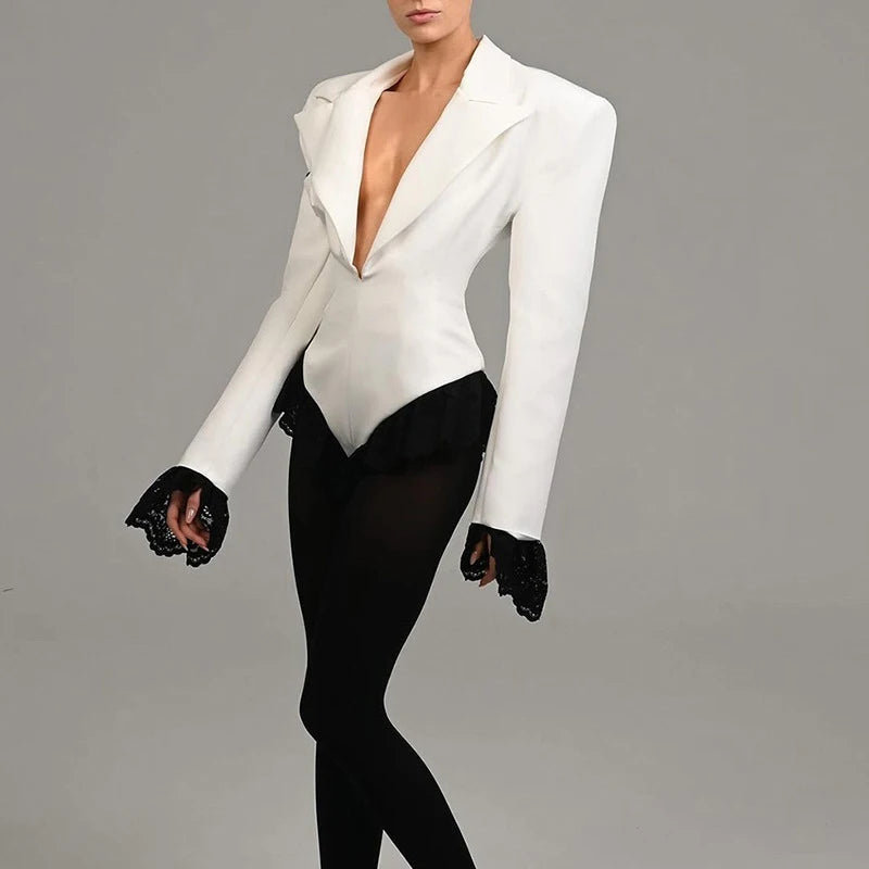 Lace V Neck Jumpsuit Women's Autumn Black Lapel Long Sleeve Jumpsuit Fashion Patchwork Ruffle Sexy Suit Women's Jumpsuit 2024