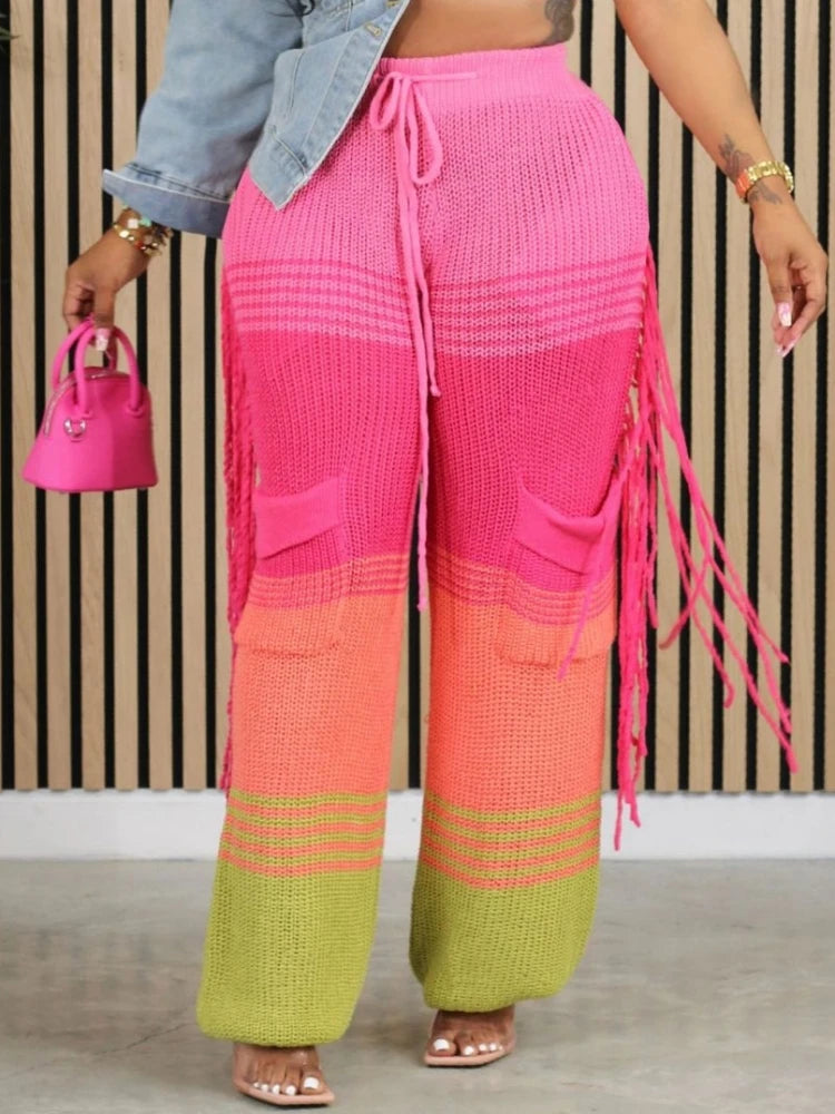 Knitted Pants For Women Wide Leg High Waisted Trousers Casual Office Ladies Thicken Warm Tassels Pants 2023 Autumn Winter