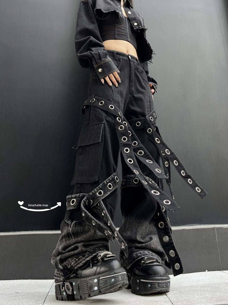 American Punk Heavy Industry Bandage Denim Dark Female Hip Hop Ribbon Deconstruct Parka Street Light Sub-Wide Leg Dark Style