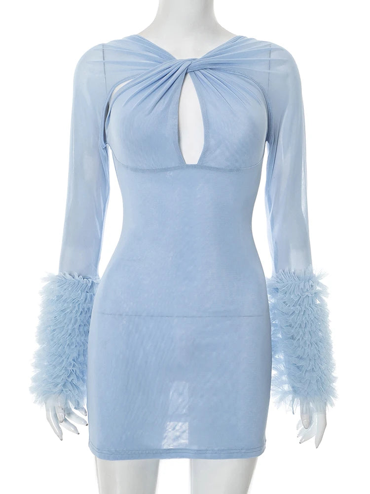 Weird Puss Furry Patchwork Dress Women See Through Full Sleeve Sexy Hollow Cross Elegant Luxury Banquet Birthday Party Clubwear