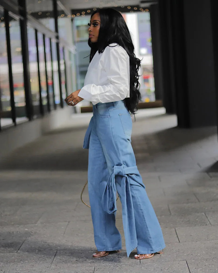 Women High Waist Zipper Fly Wide Leg Straight String Denim Jeans Trousers