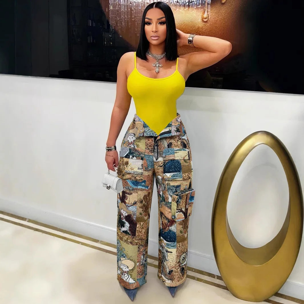 CM.YAYA Fashion Women Vintage 3D Print Wide Leg Jogger Pants 2025 Streetwear Cargo Active Hip Hop Straight Sweatpants Trousers
