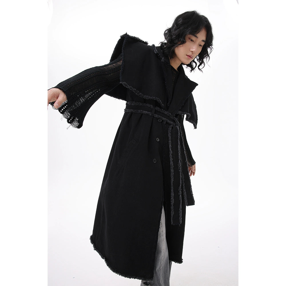 Ownbooze Loose Burrs Mid-Length Denim Trench Coat