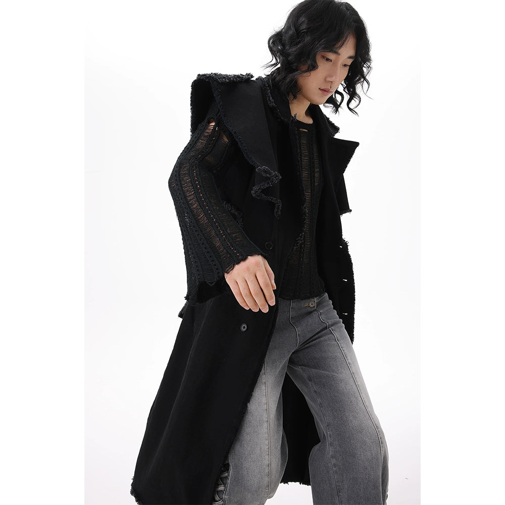 Ownbooze Loose Burrs Mid-Length Denim Trench Coat