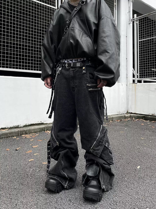 Darkfog Niche Waste Soil Style Zip-up Pocket Design Straight Jeans Men's Loose Wide Leg Mopping Trousers