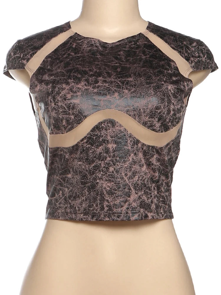 Nibber Fashion Print Mesh Patchwork Crop Tops Women o-Neck Sleeveless Skinny Stretch Hottie Street Summer Wild Simple T-Shirts