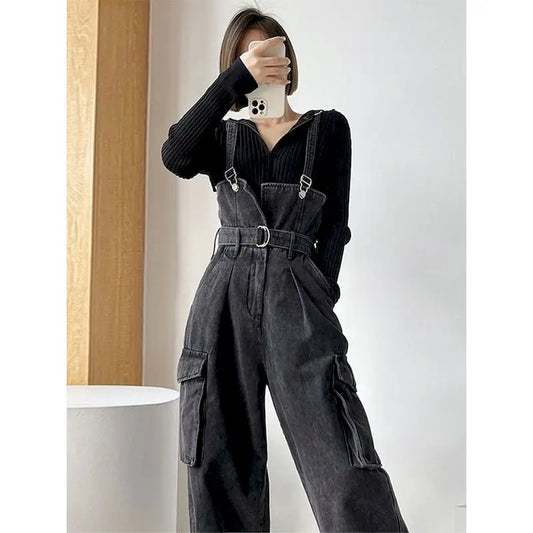 Black Denim Jumpsuits for Women Korean Style Vintage Playsuit Wide leg pants Loose Trousers Oversized Overalls for Women Clothes