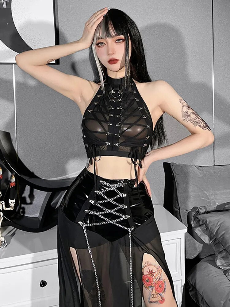 Goth Dark Mesh See Through Mall Gothic Women Crop Tops Grunge Aesthetic Black Summer Tank Top Punk Skinny Night Sexy Alt Clothes