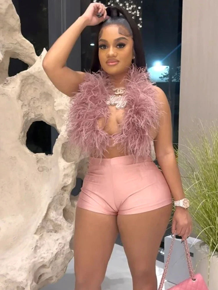 Leosoxs Sexy Hipster 2 Piece Set Women Y2K Summer Luxury Furs Tank Tops+Tight Stretch Shorts Midnight Clubwear Party Suits