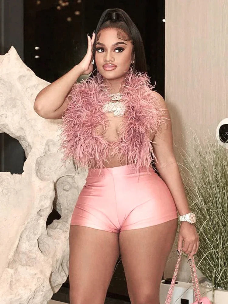 Leosoxs Sexy Hipster 2 Piece Set Women Y2K Summer Luxury Furs Tank Tops+Tight Stretch Shorts Midnight Clubwear Party Suits