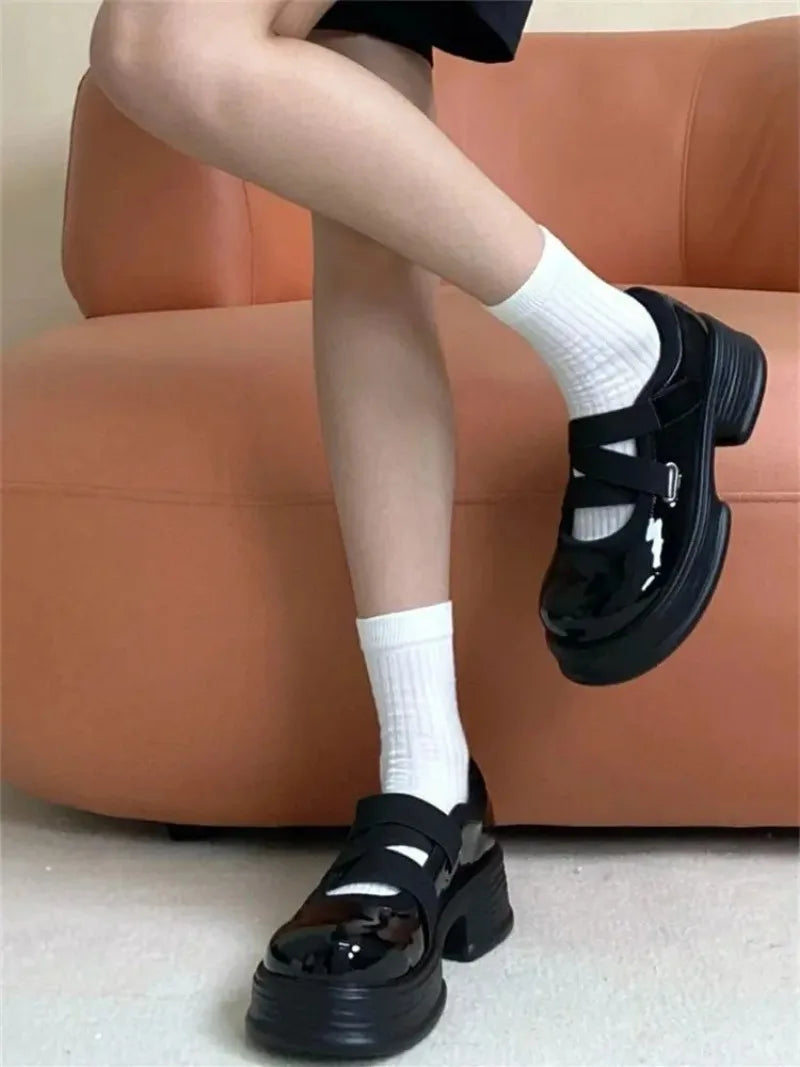 Black Low Women's Shoes Slip On Leather High Platform Female Footwear Vulcanized For Offers Youthful Emo Original Daily Routine