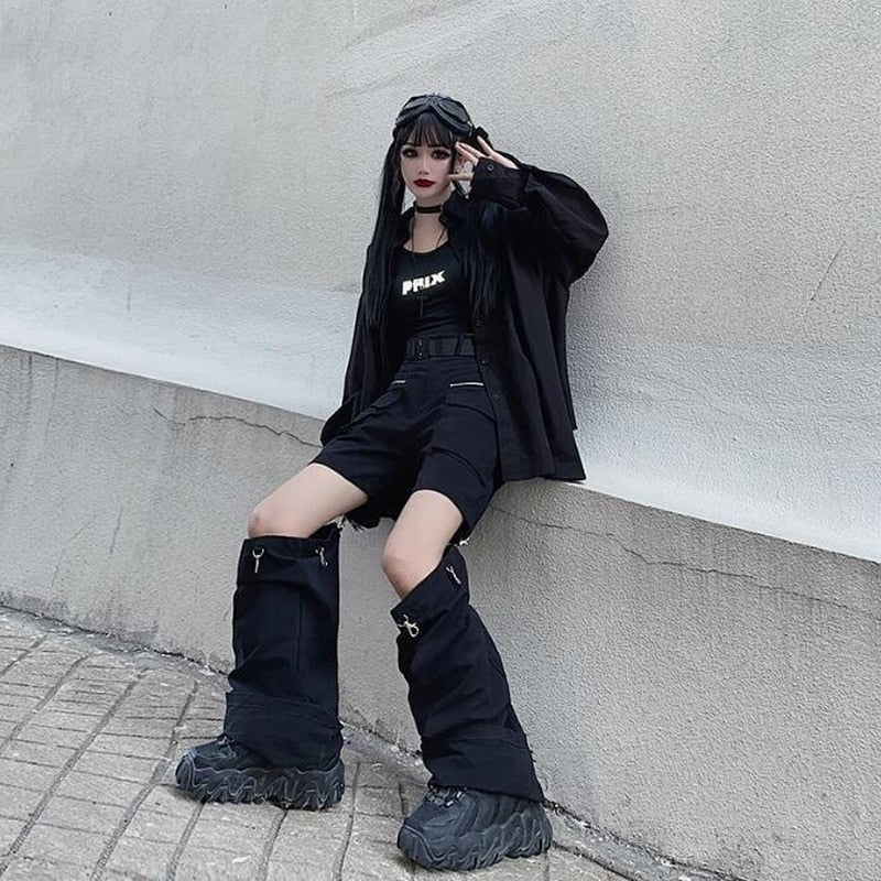 Deeptown Gothic Techwear Emo Black Cargo Pants Women Punk Oversize Hollow Out Wide Leg Pocket Trousers for Female Goth Hip Hop