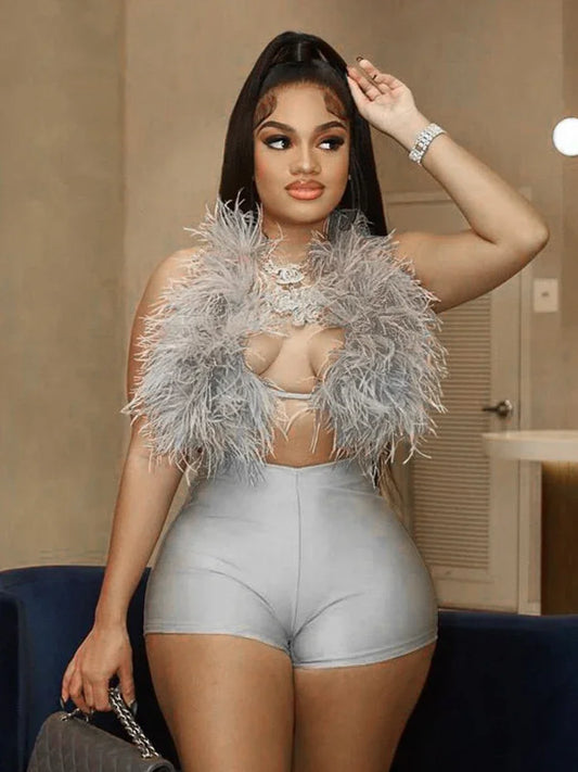 Leosoxs Sexy Hipster 2 Piece Set Women Y2K Summer Luxury Furs Tank Tops+Tight Stretch Shorts Midnight Clubwear Party Suits