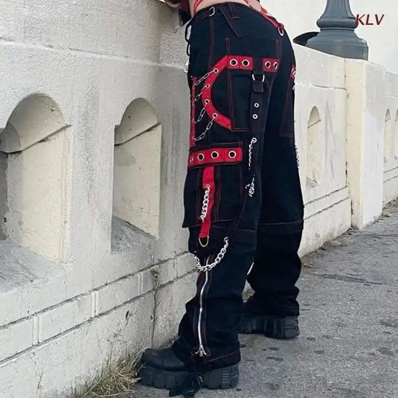 Women Dark Gothic Baggy Cargo Pants Harajuku Punk Colorblock Eyelets Bandage Metal Chain Hip Hop Wide Leg Trousers 6XDA