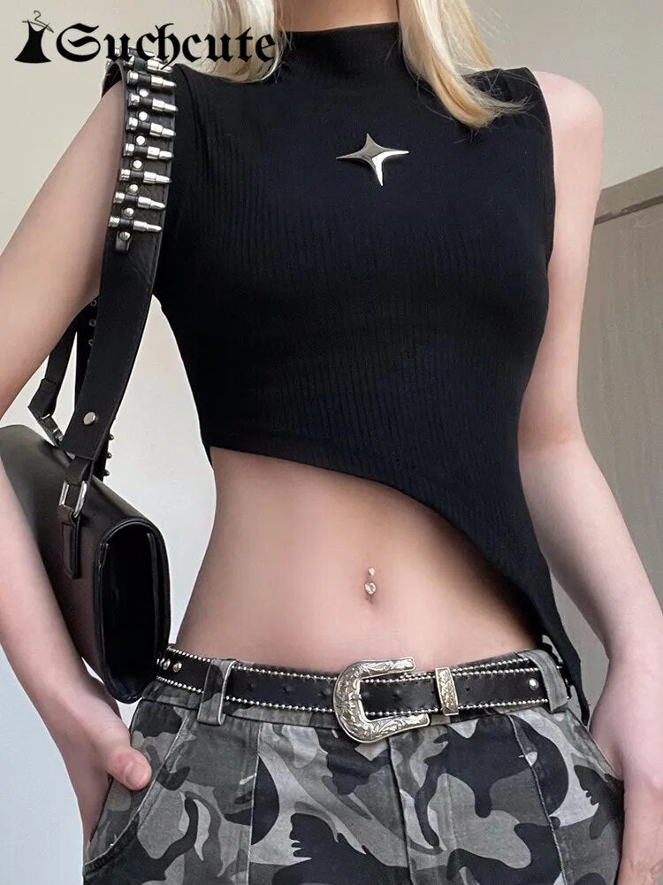 SUCHCUTE Dark Academia Rivet Patchwork Crop Tops Women Grunge Sleeveless Black Irregular Tank Top y2k Streetwear Punk Clothes