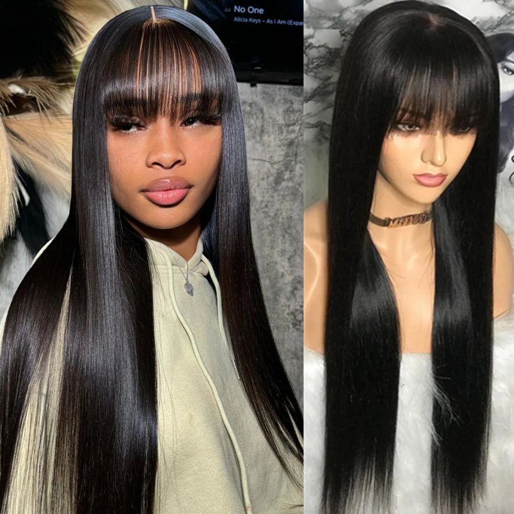 Silkwave Bone Straight Human Hair With Bangs 3x1 Lace Middle Part Wig Brazilian 30 32 Inch