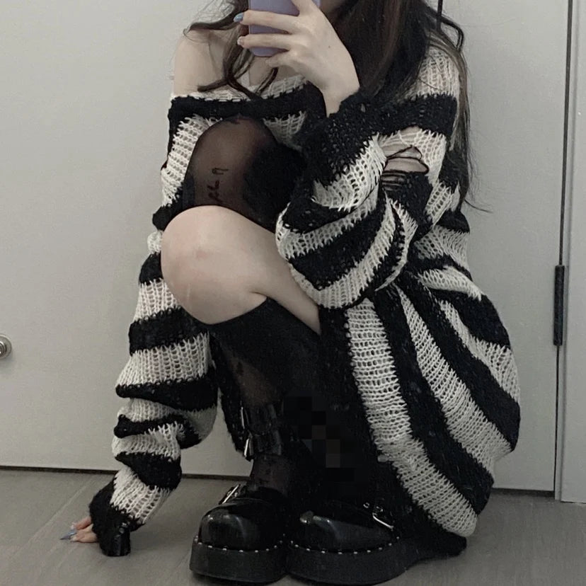 Karrcat Punk Gothic Long Sweater Women Dark Aesthetic Striped Pullovers Hollow Out Oversized Grunge Jumpers Emo Alt Clothes Y2k