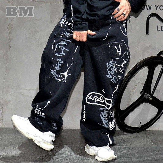 American Hip Hop Baggy Jeans Mens Clothing Streetwear Paint Graffiti Black Skateboard Street Dance Pants Kpop Denim Trousers