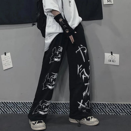 Black Japenese Printed Anime Y2k Sweatpants Male Streetwear Wide Leg Oversize Baggy Pants Casual Sport Causl Trousers Men 2023