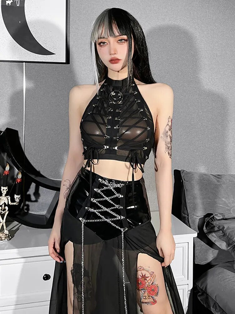 Goth Dark Mesh See Through Mall Gothic Women Crop Tops Grunge Aesthetic Black Summer Tank Top Punk Skinny Night Sexy Alt Clothes