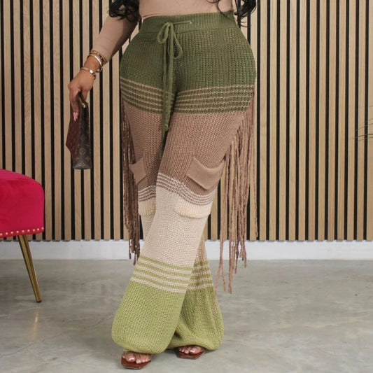 Knitted Pants For Women Wide Leg High Waisted Trousers Casual Office Ladies Thicken Warm Tassels Pants 2023 Autumn Winter