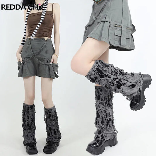 REDDACHiC Emo Gray Ripped Women Leg Warmers Elastic Footless Socks Knee-long Cuffs Boots Cover Girl Acubi Fashion Topper Legging